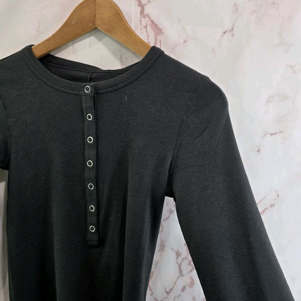 Everlane Shirt Womens Black Micro Luxe Rib Long Sleeve Henley Pima Supima - Picture 9 of 10